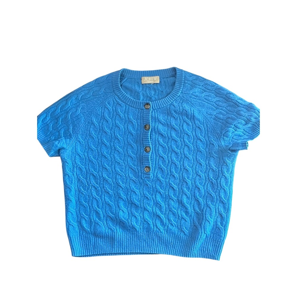 J.Crew Cashmere Cable Knit Short Sleeve Henley Sweater Blue Women Small